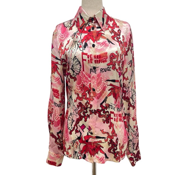 Escada Tops - ESCADA Silk Long Sleeve Button Down Red Paris Shirt Size 34 X-Small